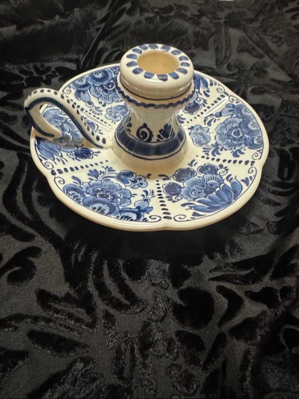 Vintage Delft Blue and White hand painted Floral Ceramic candle holder # 1290